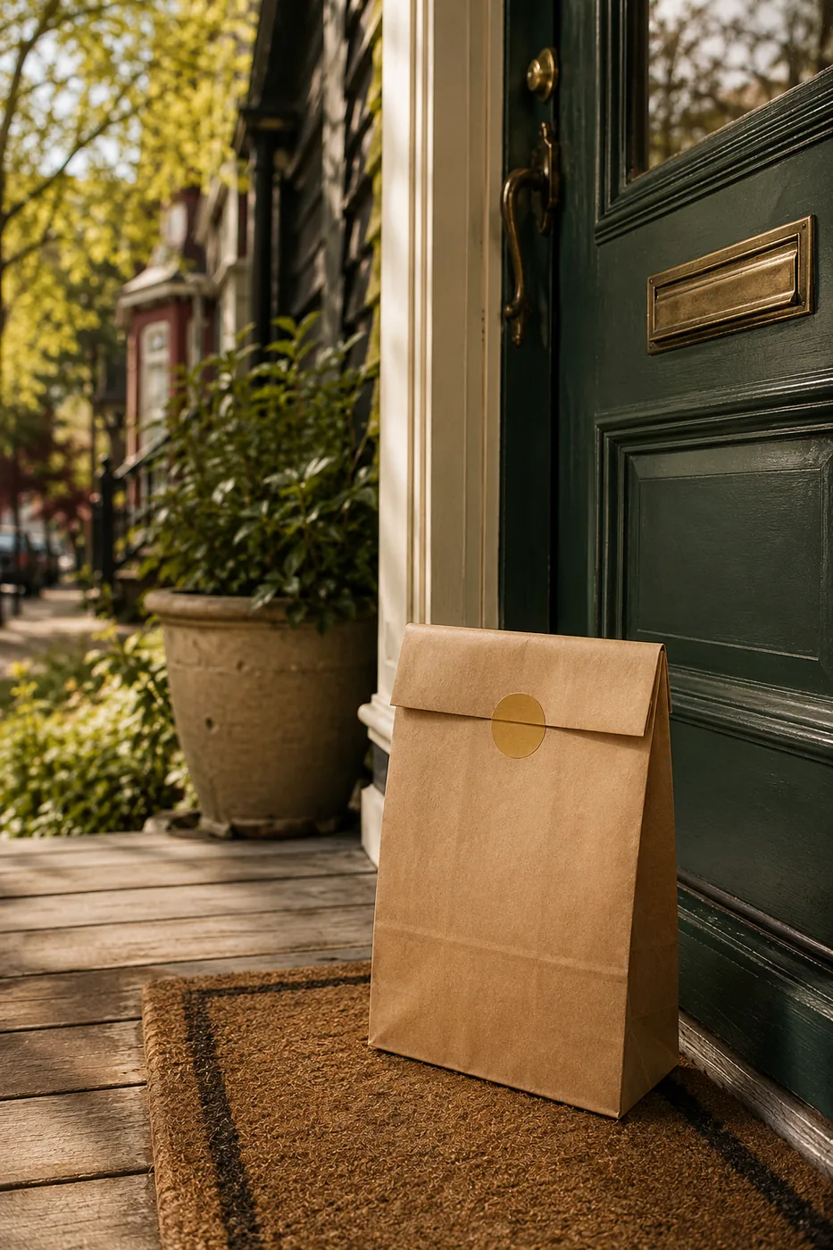 Warm, welcoming entrance to Carebridge Pharmacy with a sealed prescription package by the door