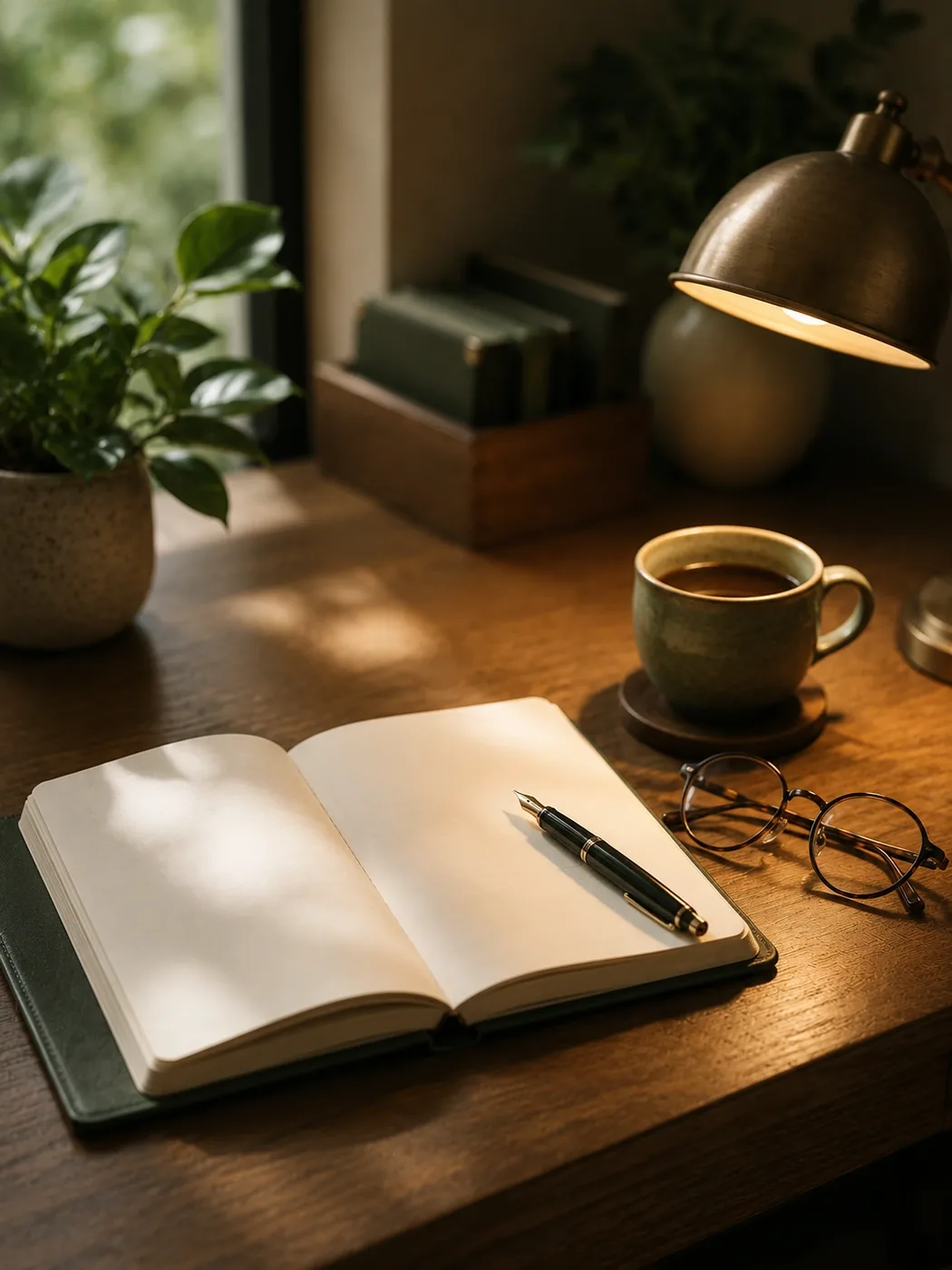 A laptop showing a video consultation on a calm desk beside an amber bottle in warm light