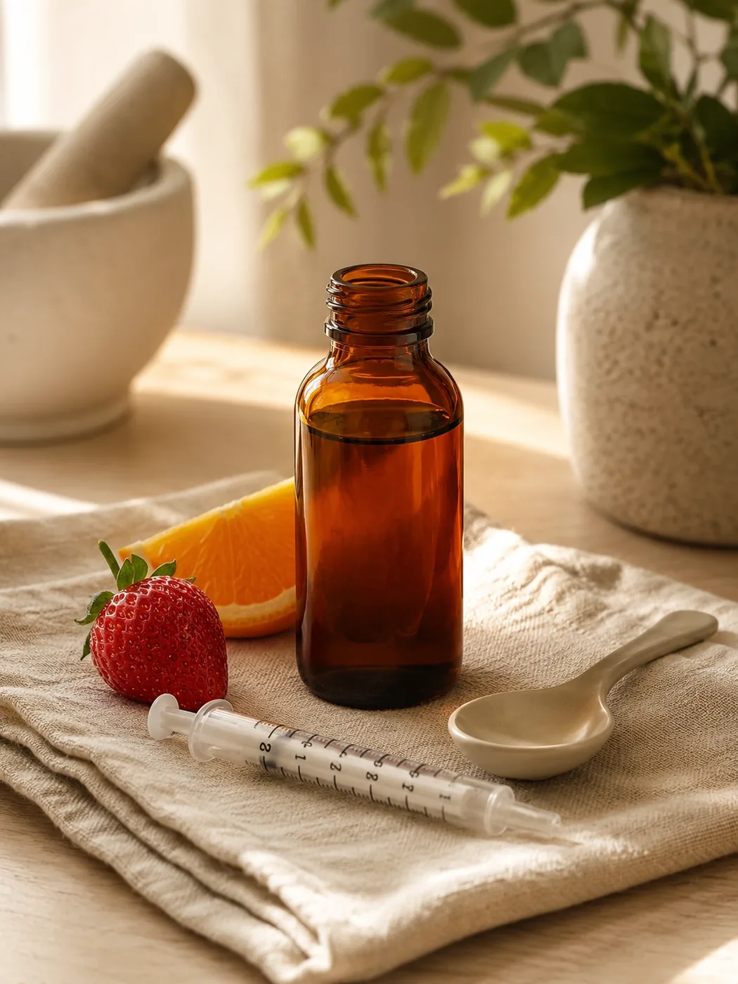 Flavoured children's liquid medication with a dosing syringe and fresh fruit, for autism and paediatric compounding at Carebridge Pharmacy in Vancouver