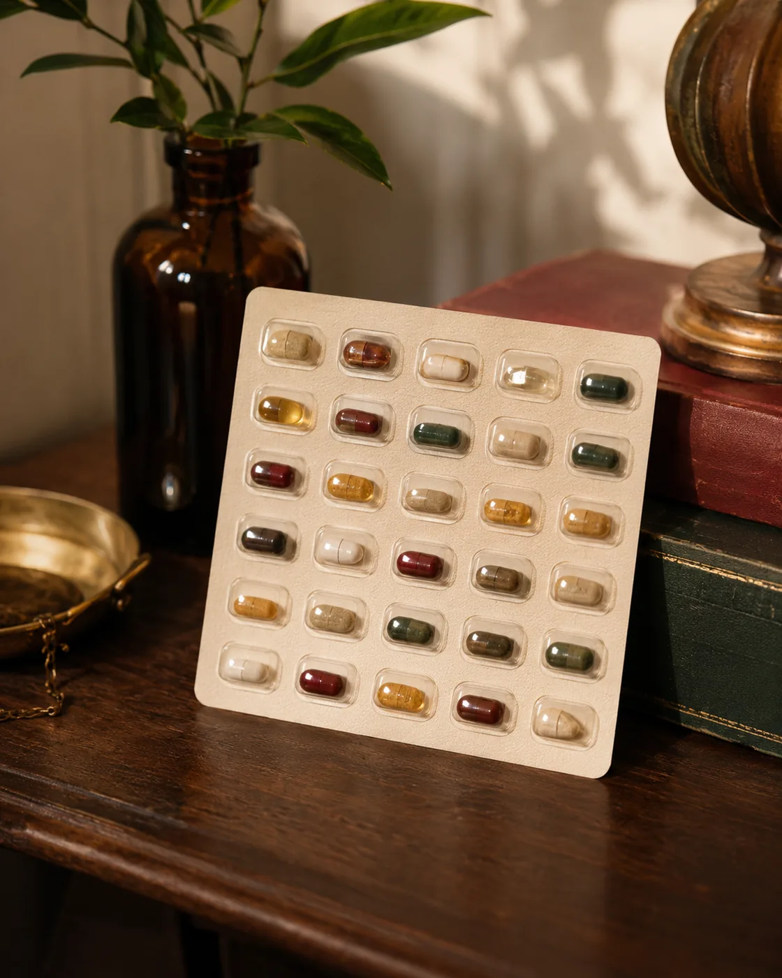 A weekly blister medication card with labelled day and time compartments on a counter