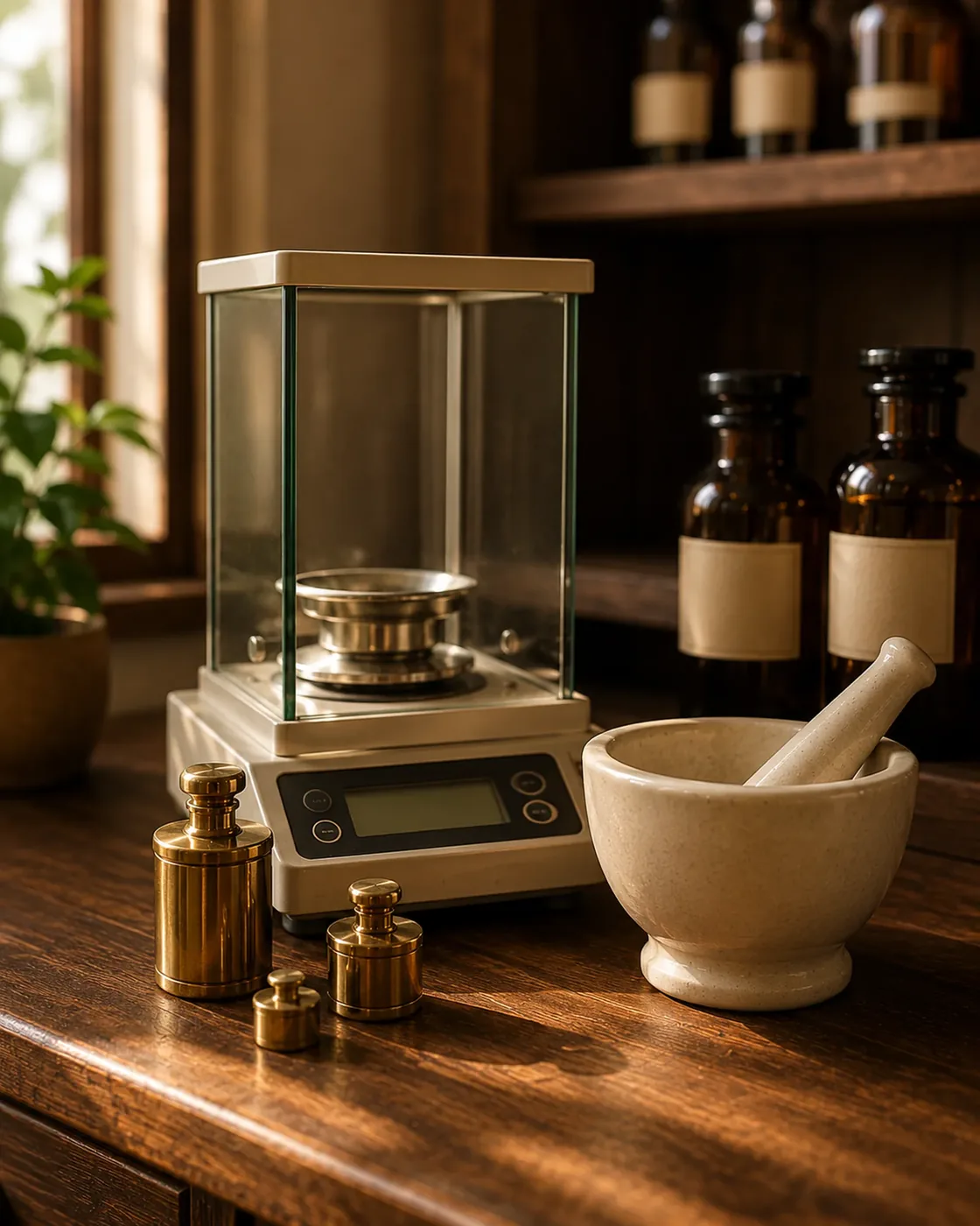 Professional compounding bench with an analytical balance and amber bottles, ready for prescription preparation