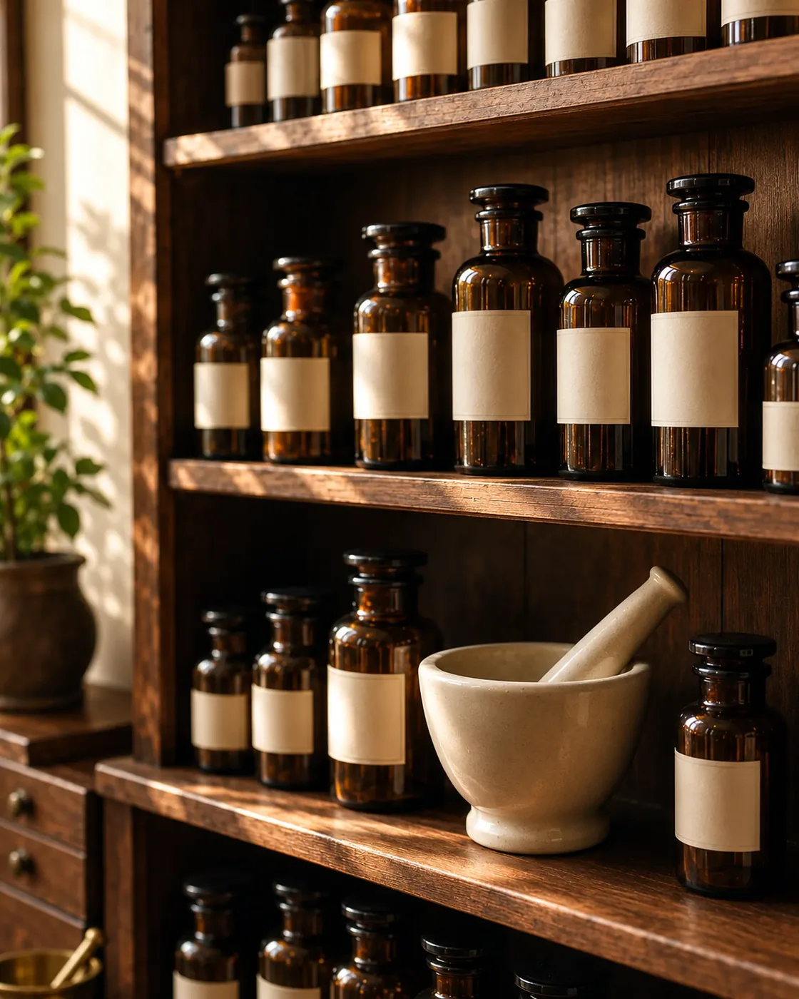 Apothecary shelving lined with amber medication bottles and a mortar and pestle at Carebridge Pharmacy on Main Street, Vancouver