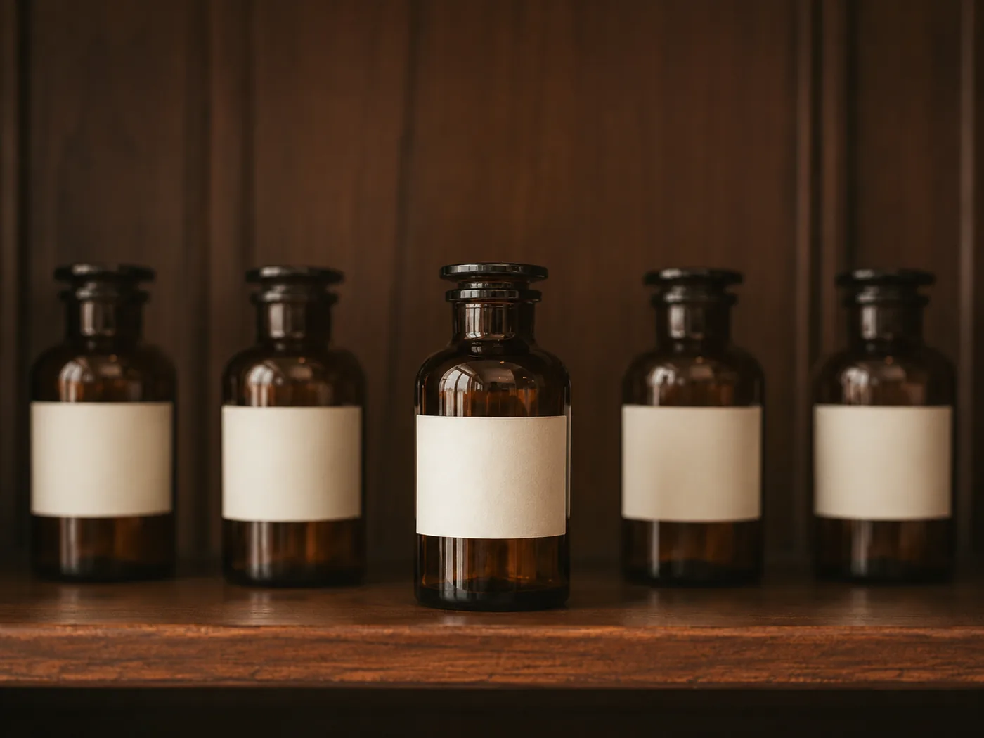 A row of amber apothecary bottles on a shelf, suggesting many services behind one pharmacy