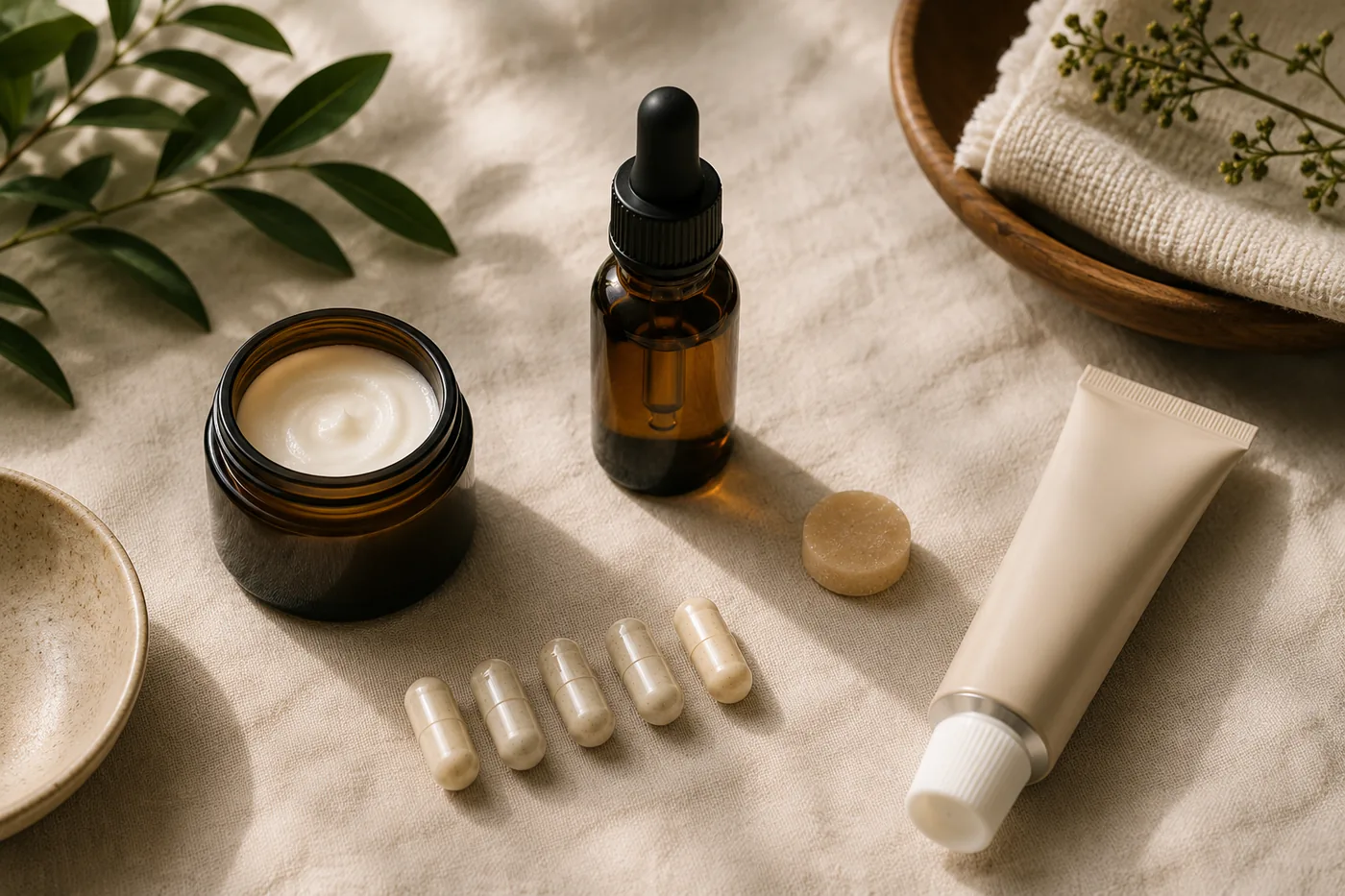 Compounded medication forms including a cream jar, dropper bottle, capsules, a troche and a gel, prepared at Carebridge Pharmacy in Vancouver