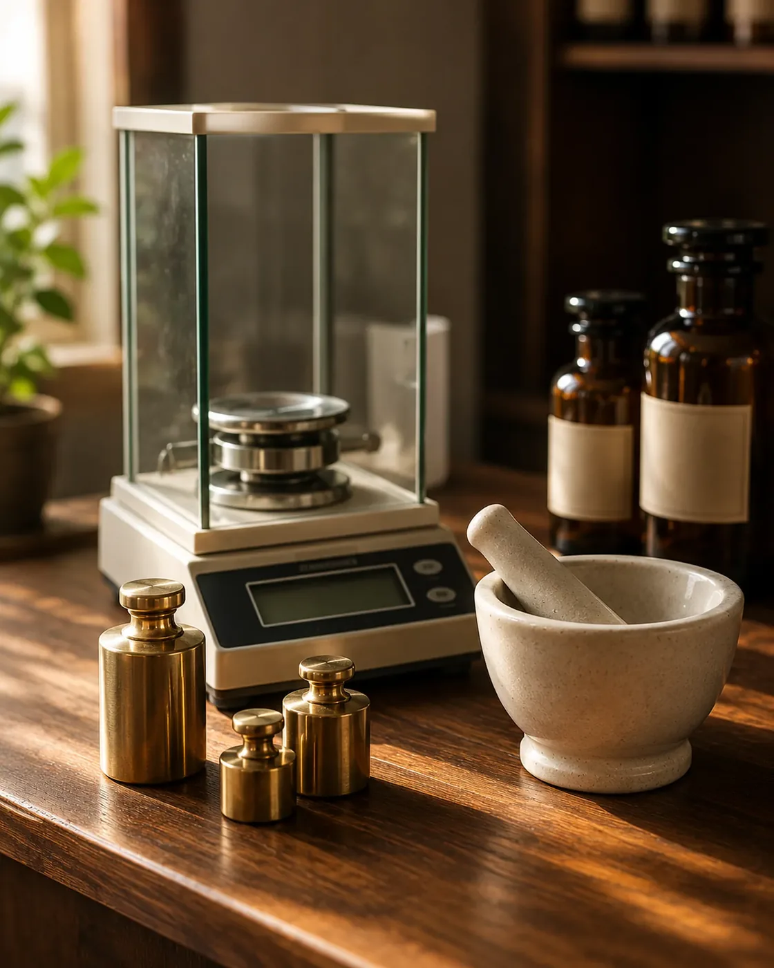 Compounding bench with an analytical balance, brass weights and a mortar and pestle in warm natural light