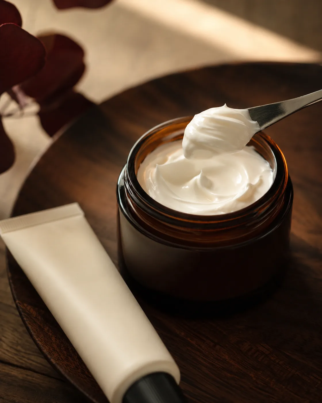 Smooth white compounded cream drawn from an amber glass jar with a stainless spatula
