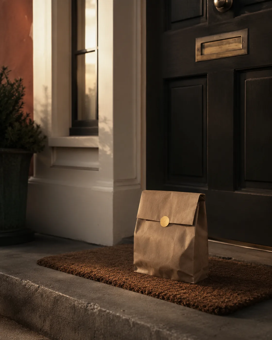 A discreet sealed kraft pharmacy package on a doorstep mat in warm evening light