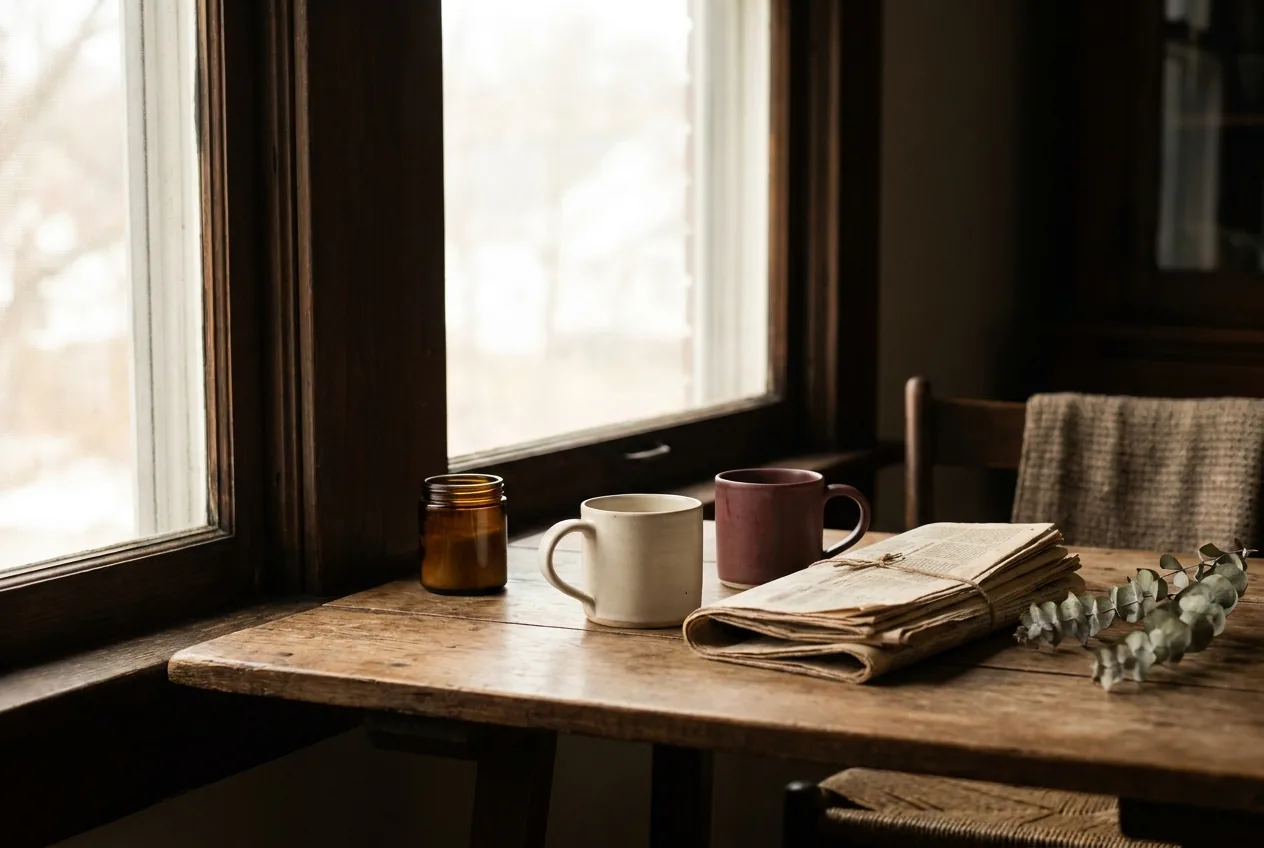Two coffee cups and a folded newspaper on a wooden table by a window in soft morning light