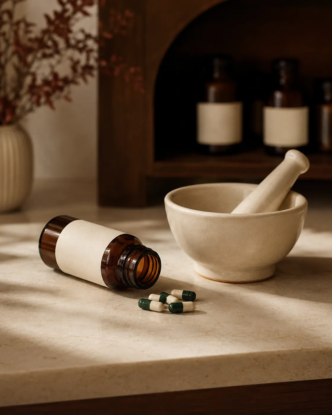 Amber prescription bottle with capsules beside a mortar and pestle on a clean counter