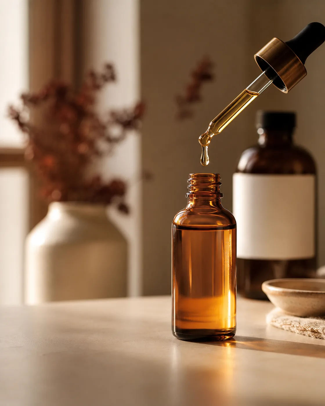Dropper bottle dispensing a clear topical solution beside an amber bottle on a clean counter