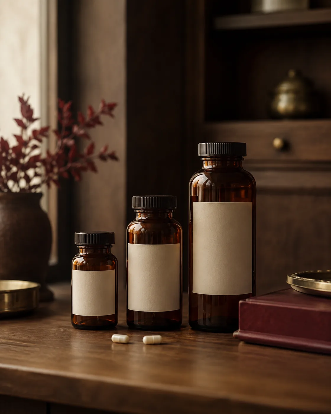 Amber apothecary bottles with compounded capsules in warm natural light