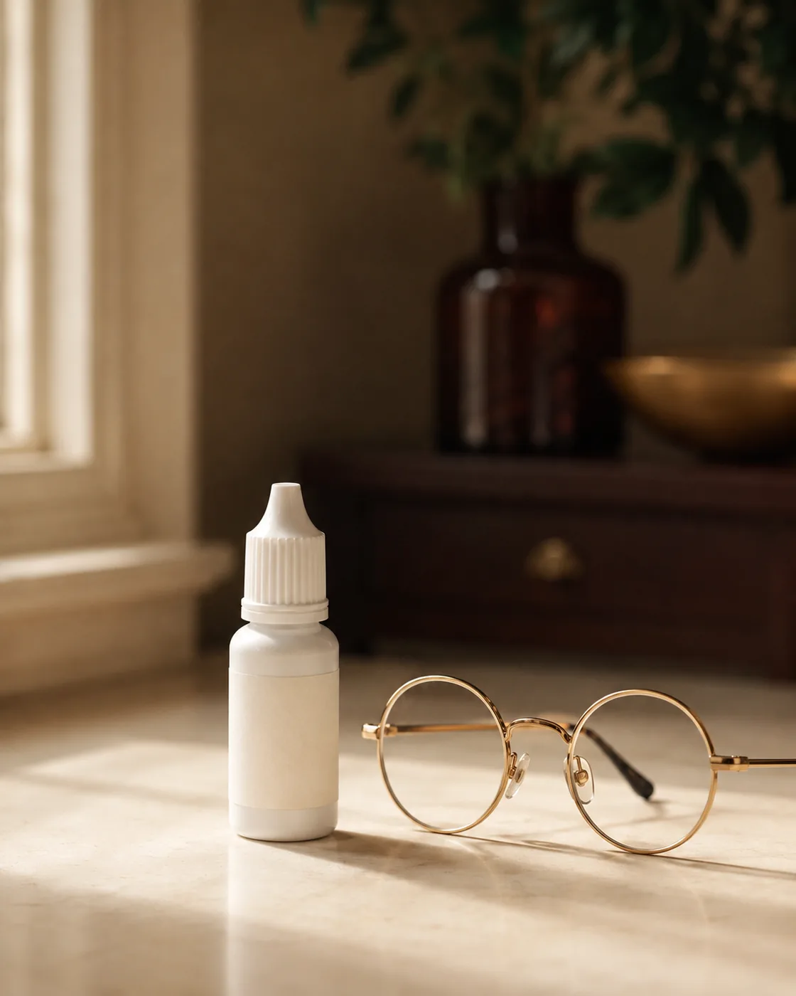 Small ophthalmic dropper bottle on a counter beside a pair of round glasses in soft light