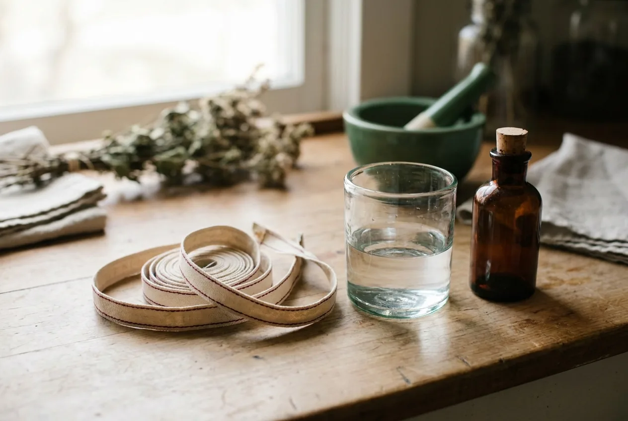 A cloth measuring tape, a glass of water and an amber bottle on a wooden counter in warm morning light