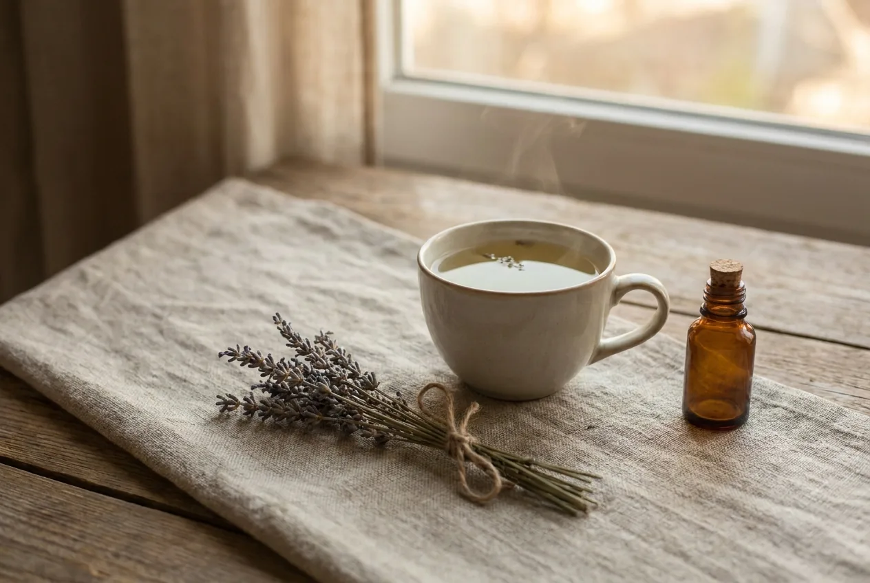 A cup of herbal tea, a sprig of dried lavender and a small amber bottle on a linen runner