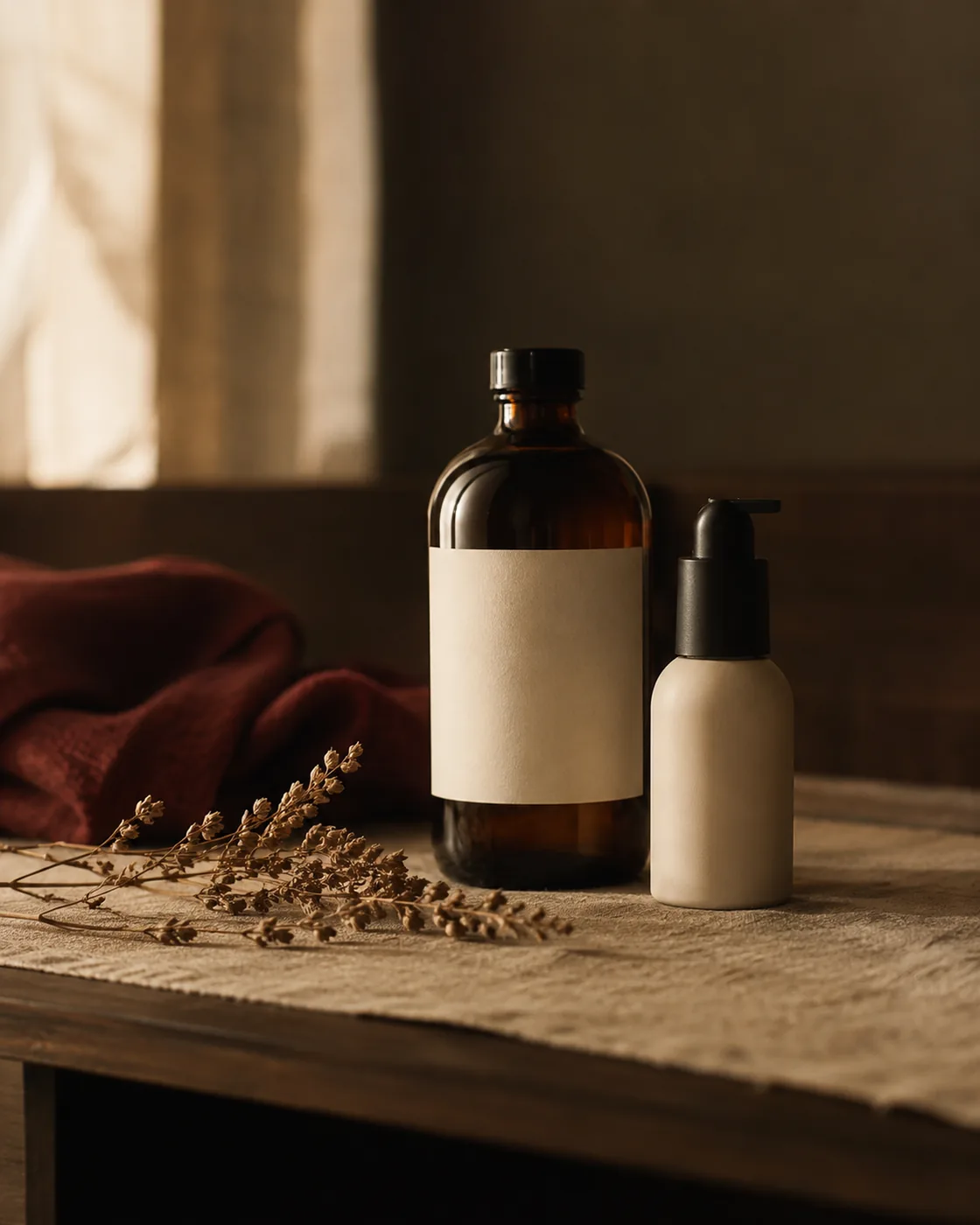 Amber bottle, a small cream pump and a sprig of dried botanicals on a linen runner