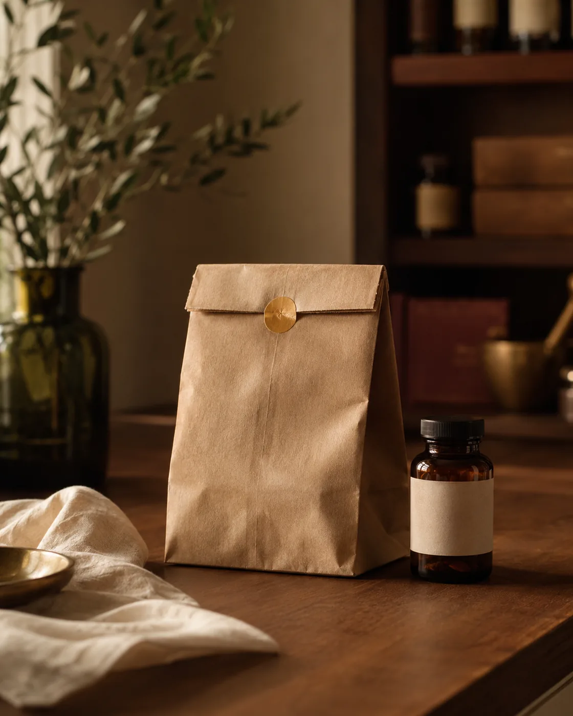 Discreet kraft prescription bag and an amber bottle on a clean dispensary counter
