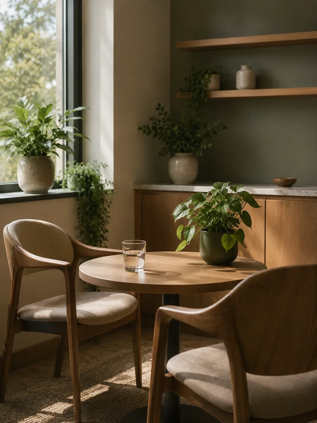 A calm, private pharmacy consultation corner for opioid agonist treatment support at Carebridge Pharmacy in Vancouver