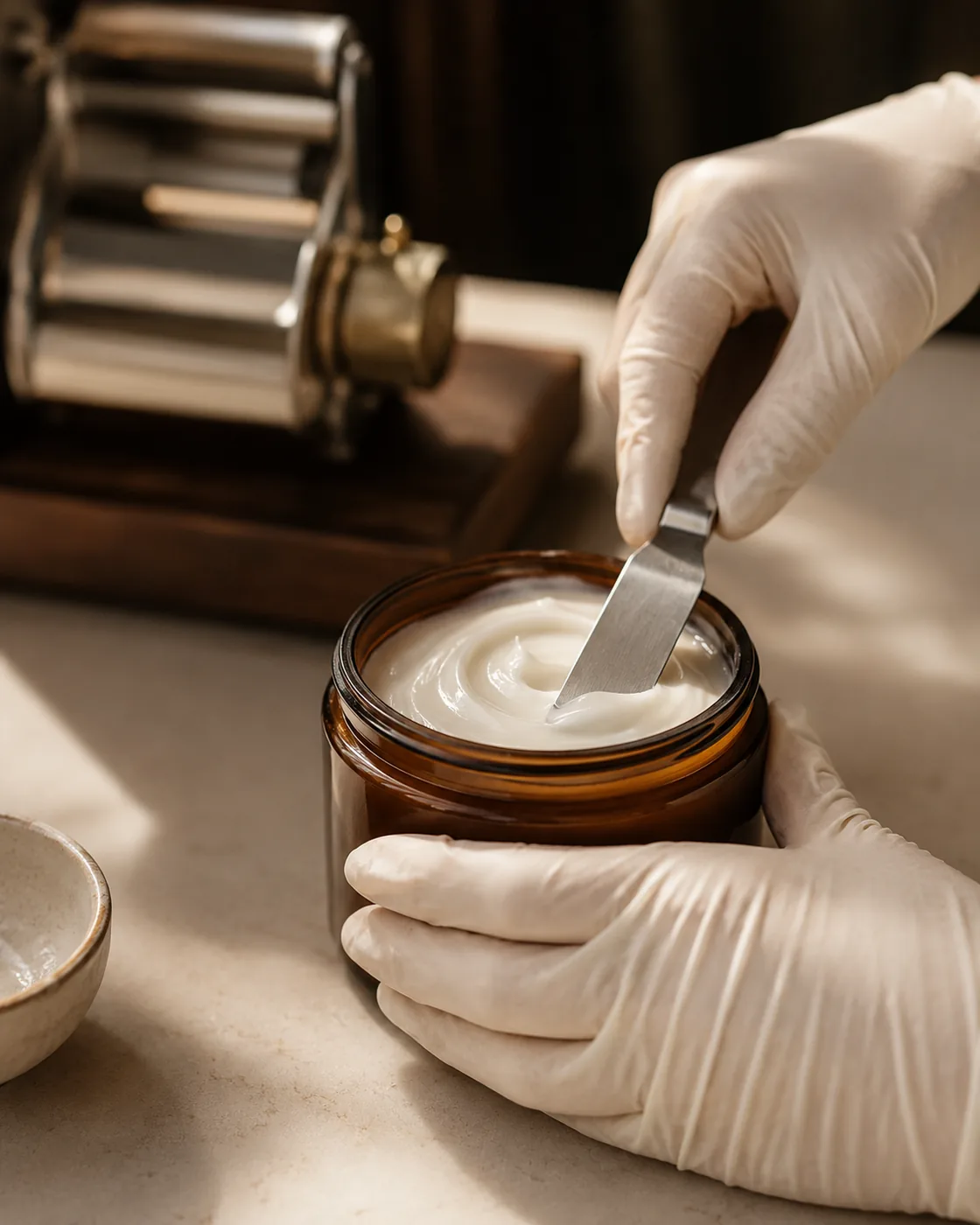 Gloved pharmacist hands preparing a white topical cream in an amber glass jar at the compounding bench