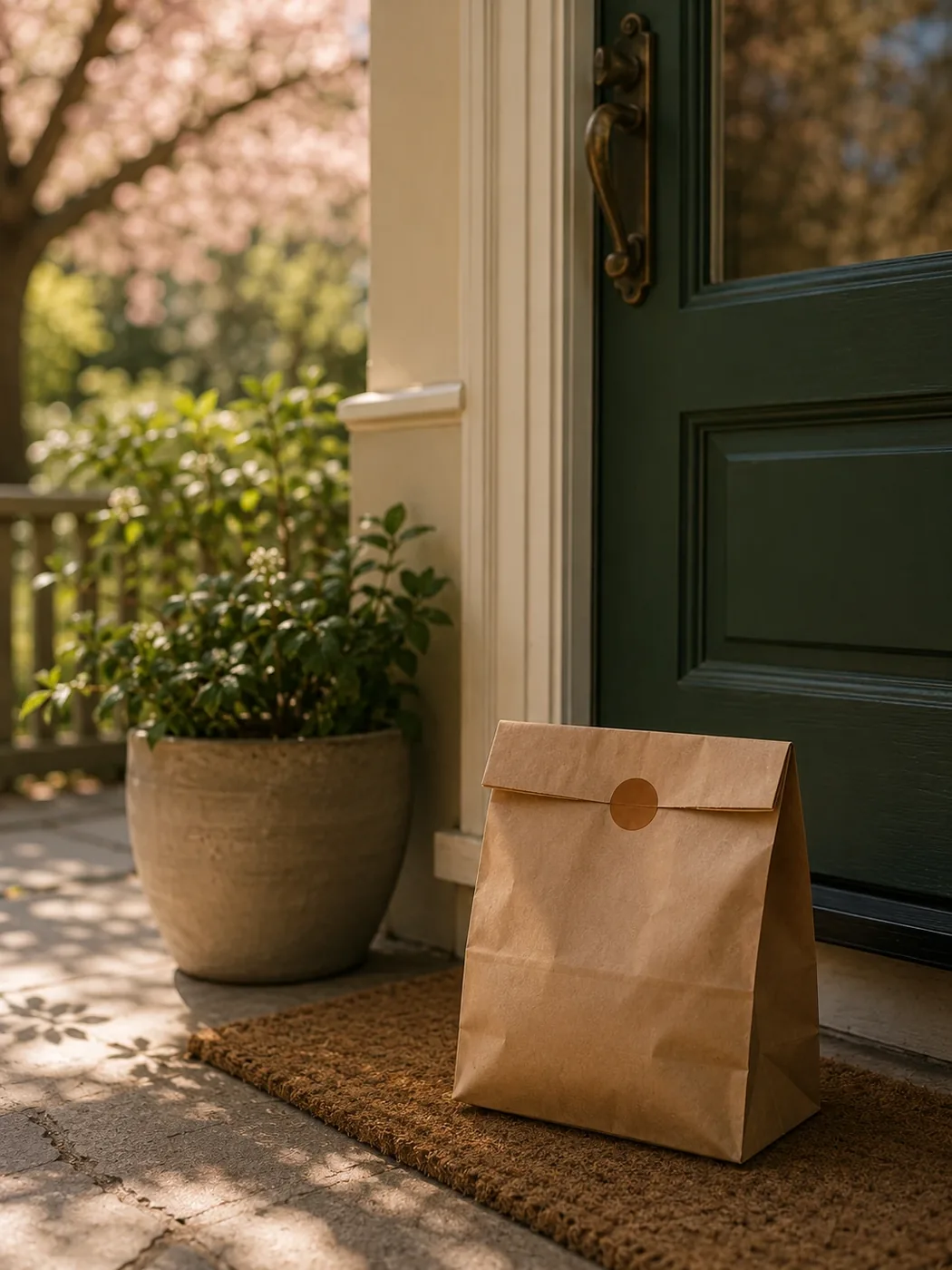 A discreet kraft pharmacy delivery bag on a doorstep, for free Carebridge prescription delivery in Kitsilano