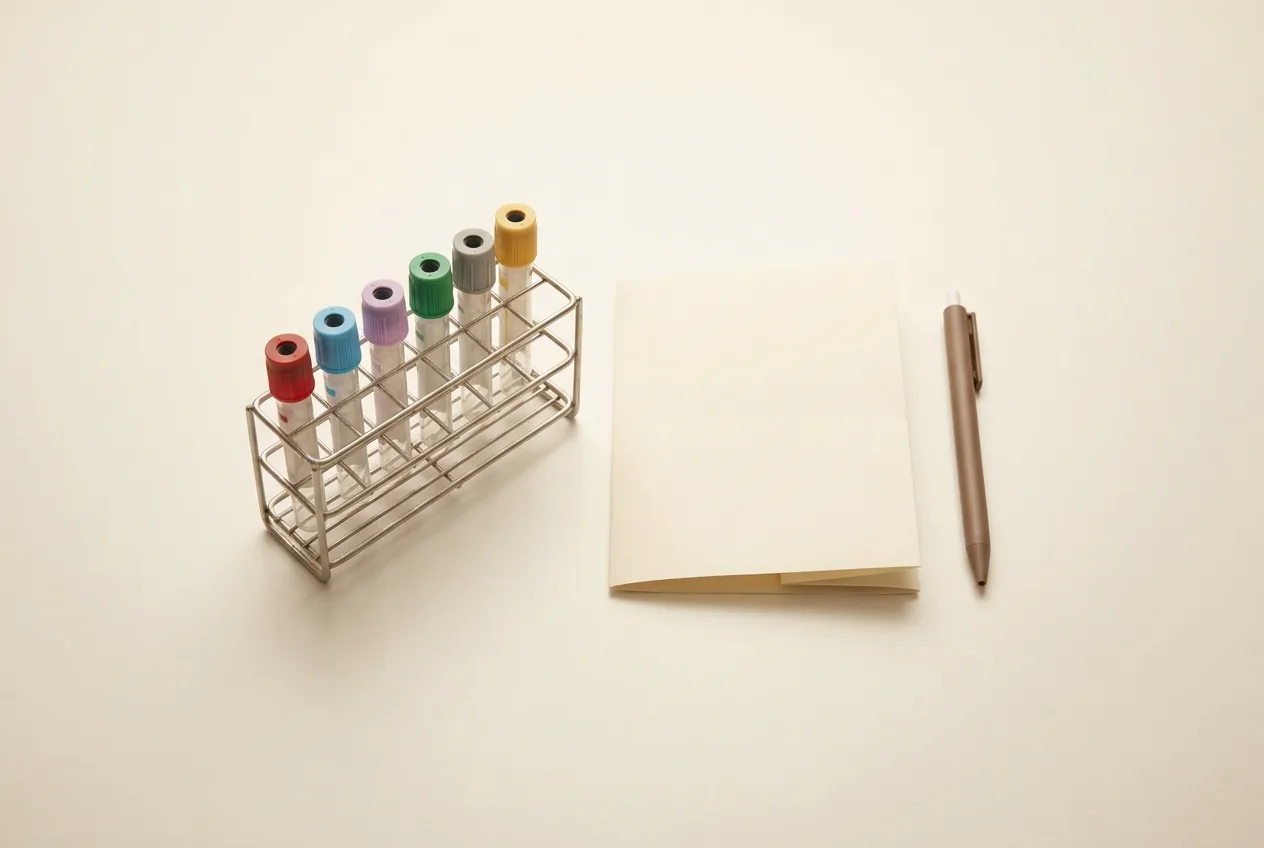 A rack of blood collection tubes with coloured caps beside a requisition form and a pen