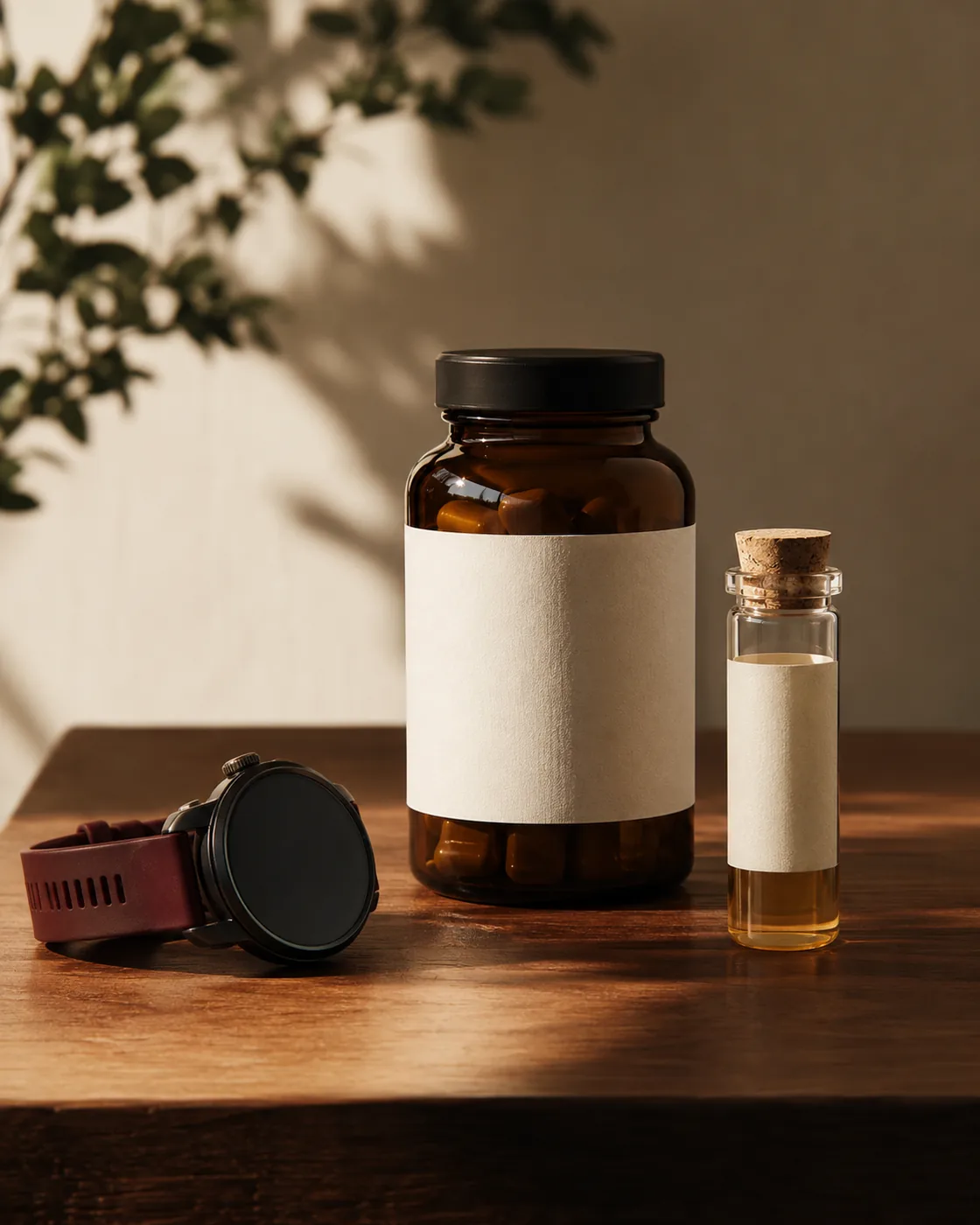 A supplement bottle and a small labelled vial beside a wellness tracker on a clean counter