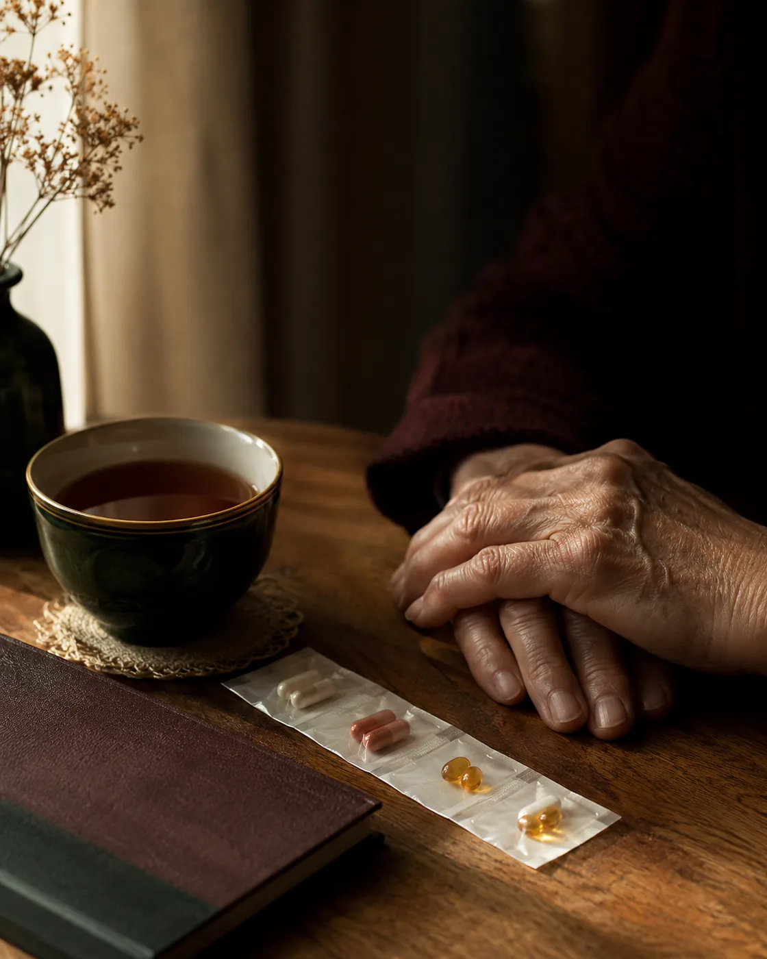 A senior's hand at a kitchen table with a daily medication organizer, for the Carebridge senior medication program serving Burnaby