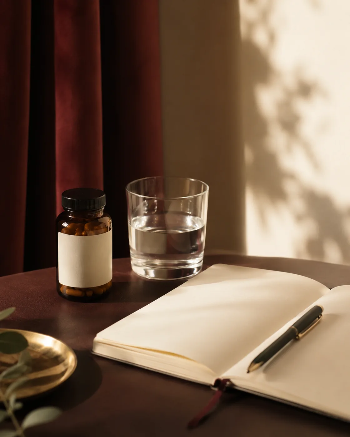 A single amber prescription bottle beside a glass of water and an open notebook in calm evening light