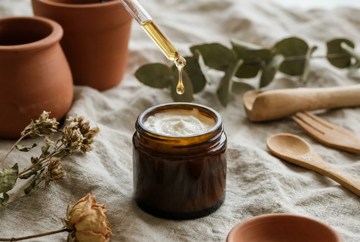 A glass dropper releasing serum over an open amber jar of cream on a linen cloth