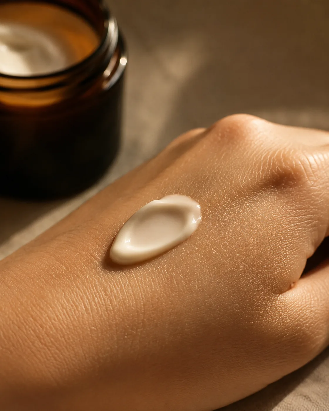 A pearl of white cream on the back of a hand with an amber jar softly blurred behind