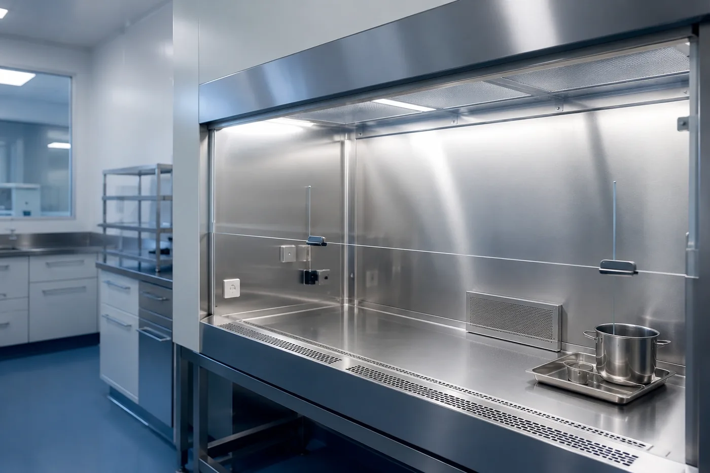 A stainless steel laminar-flow hood in a sterile compounding cleanroom, representing Carebridge's partner sterile compounding labs