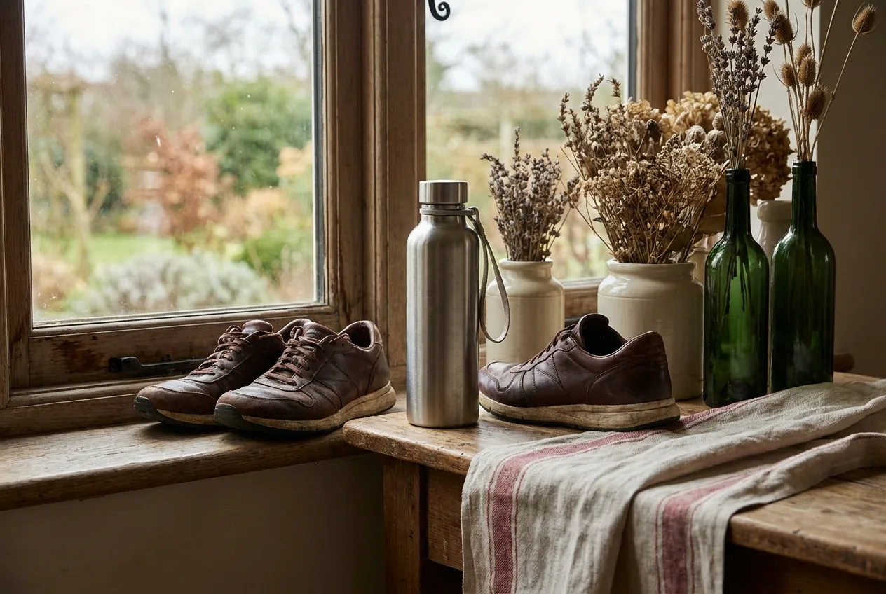 Leather running shoes and a water bottle by a sunlit window with dried botanicals