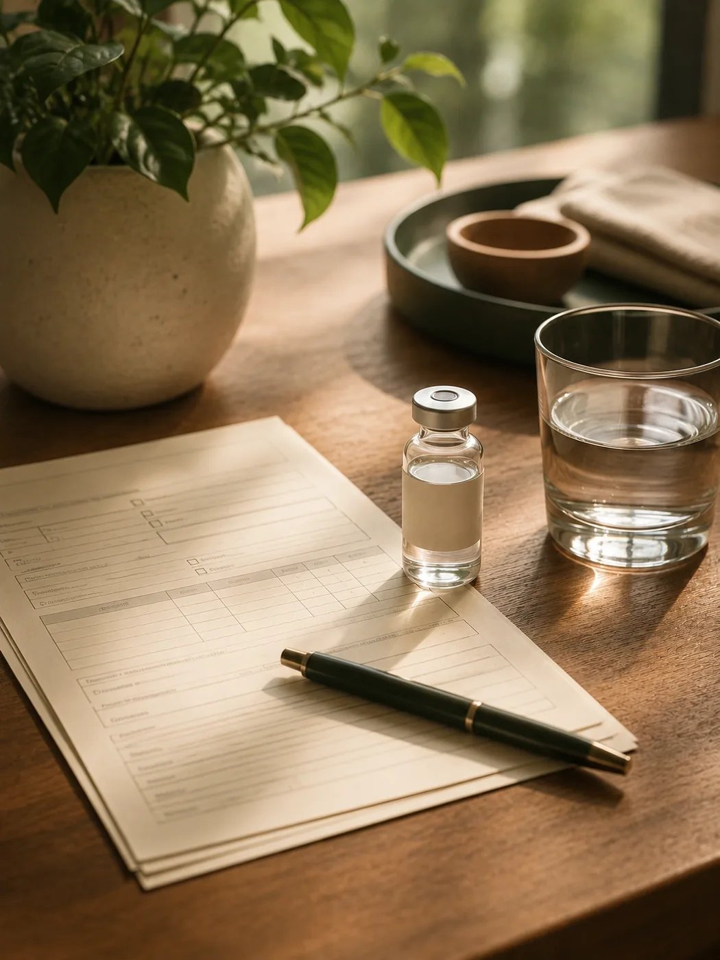 A clipboard with a blank requisition form beside an amber bottle on a wooden desk