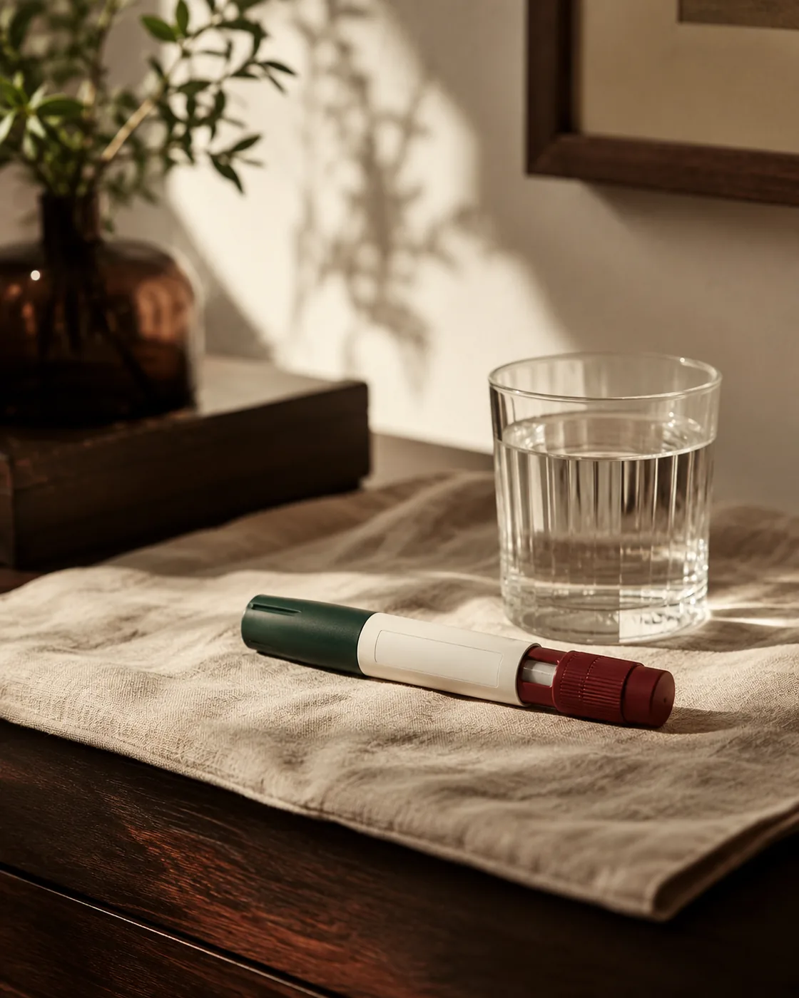 A single injection pen with a blank label beside a glass of water, for the Carebridge medical weight loss clinic serving Richmond