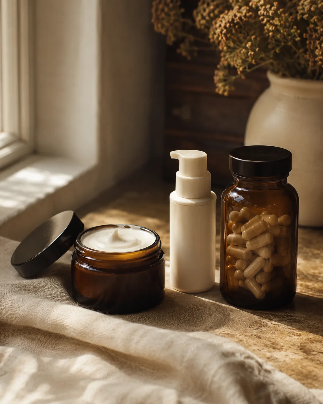 Amber jar, a small cream pump and a capsule bottle on a clean counter in warm natural light
